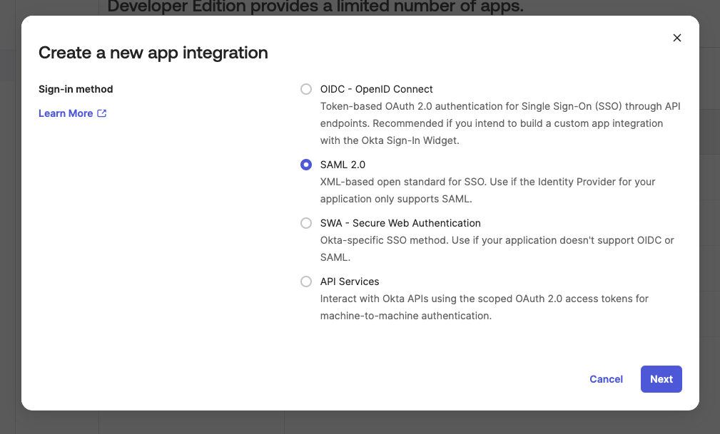 Saml 2.0 option on the Okta Dashboard