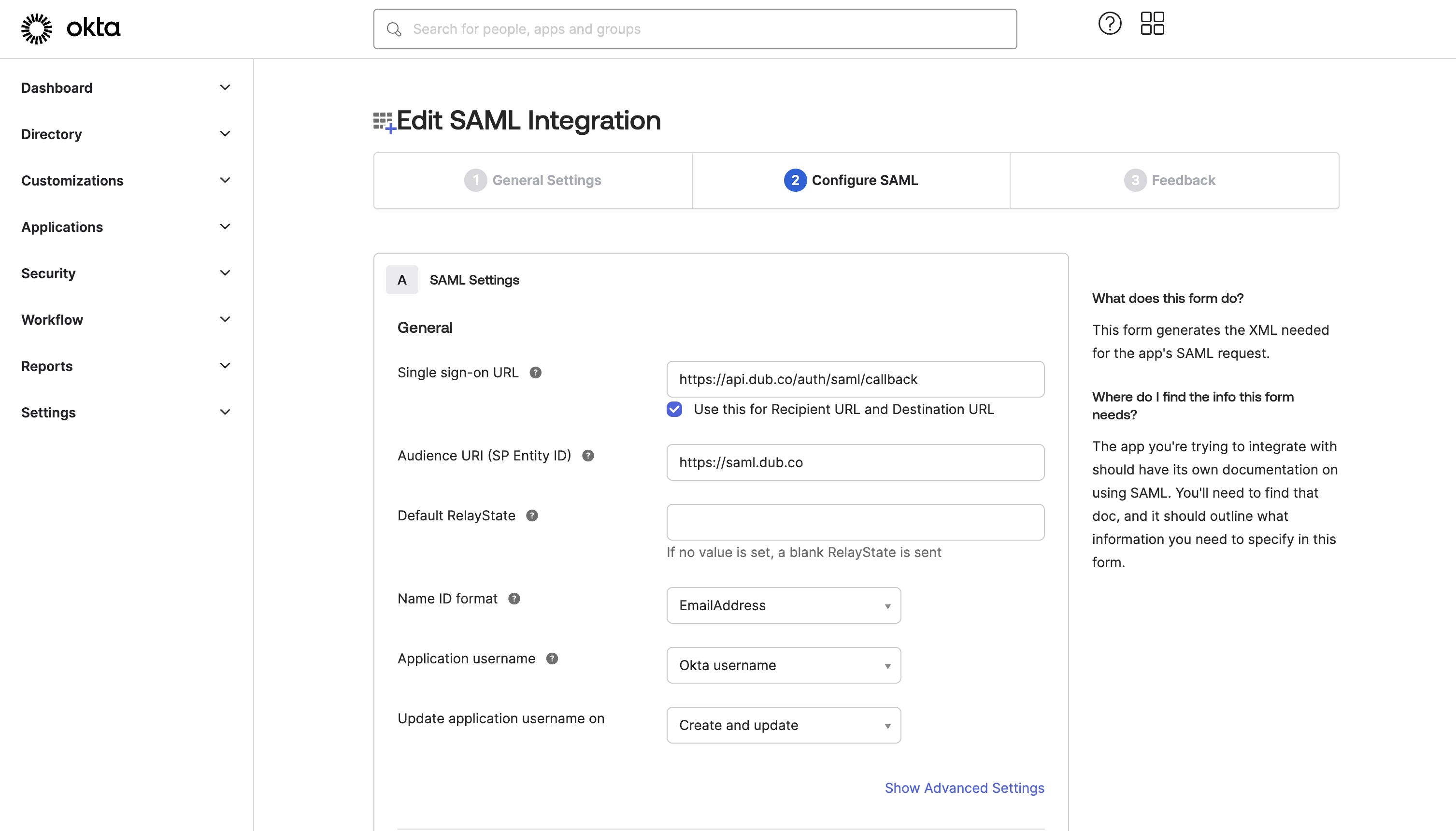 SAML Settings page on the Okta Dashboard