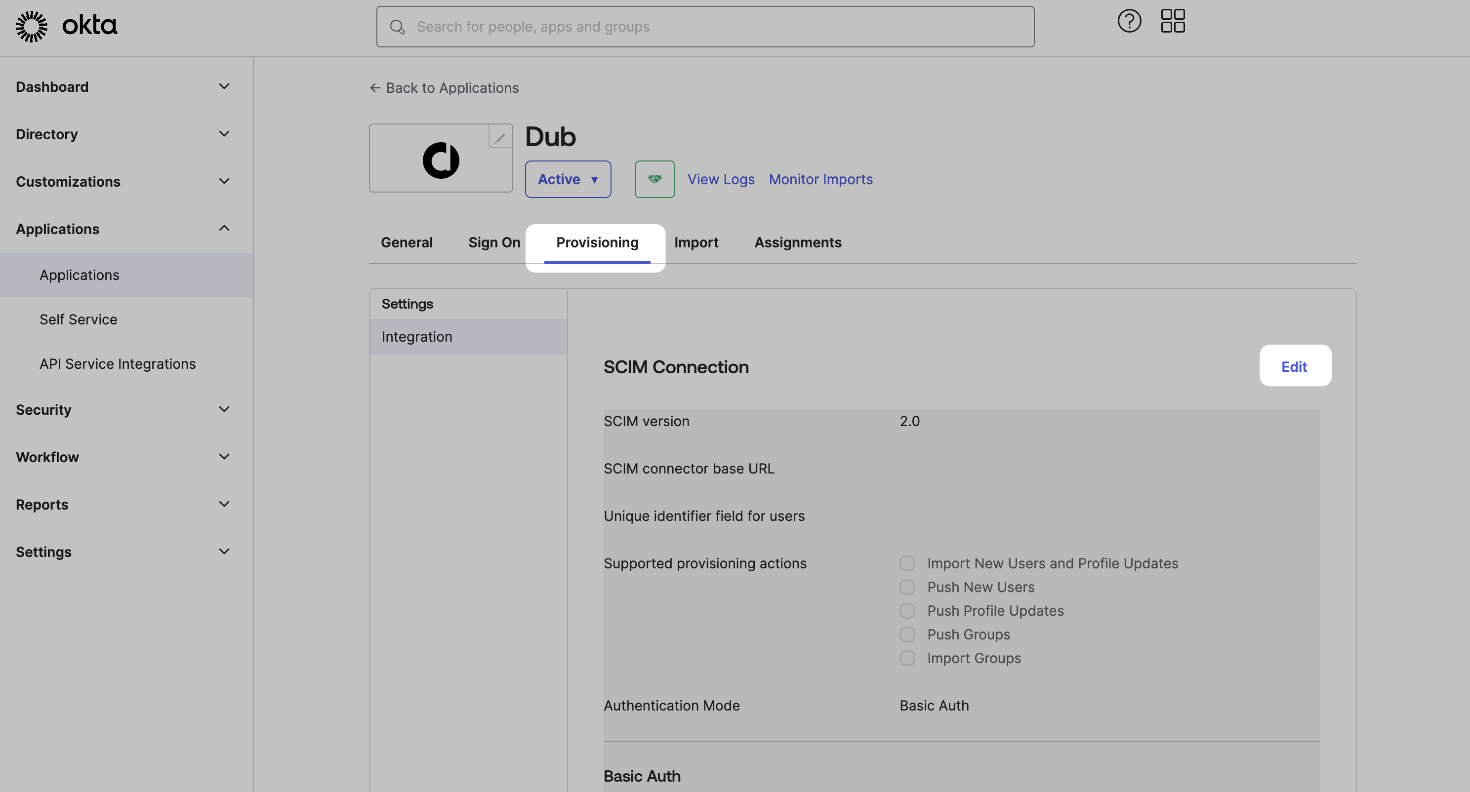 Provisioning tab of Okta SAML application