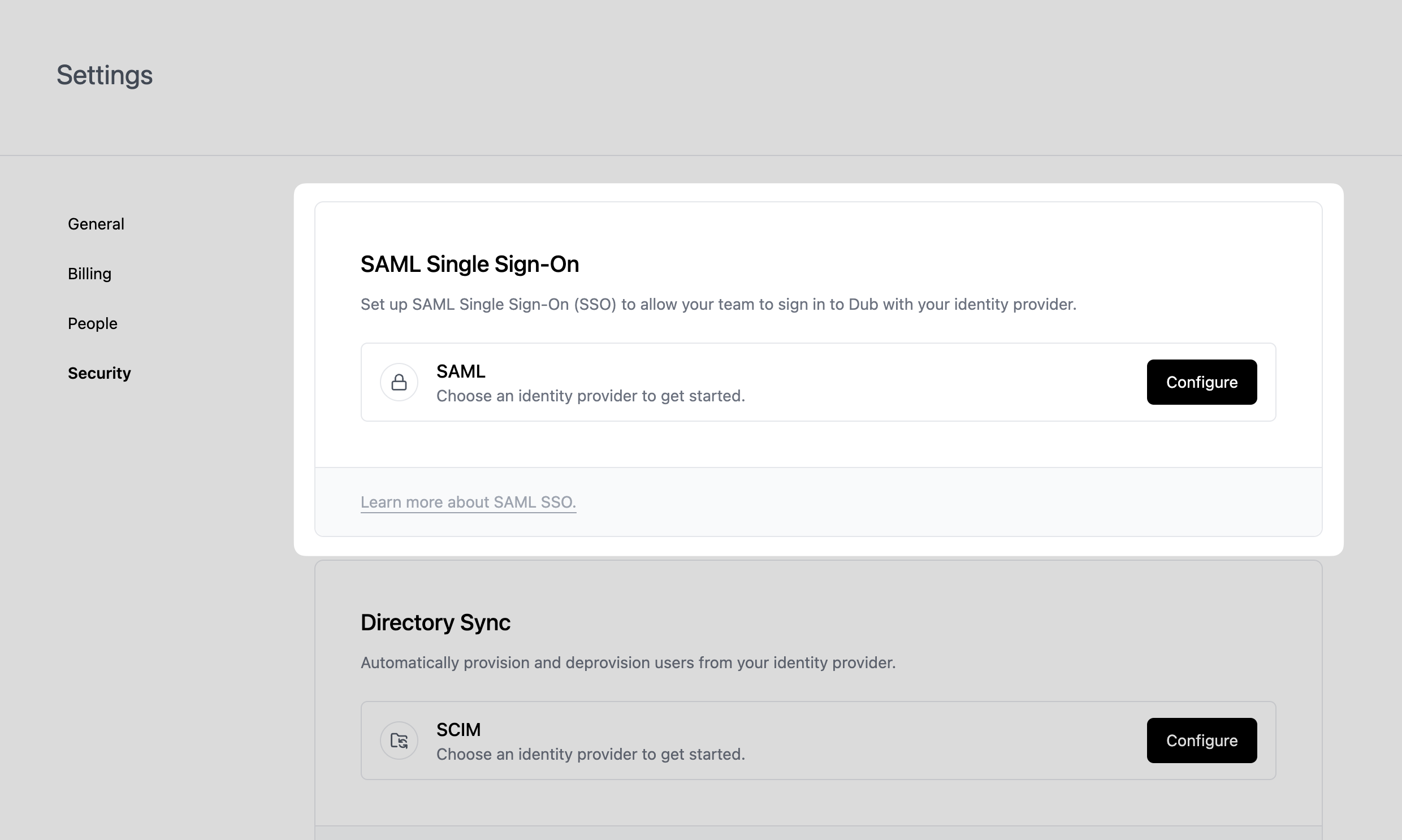 SAML SSO section on the Dub Dashboard