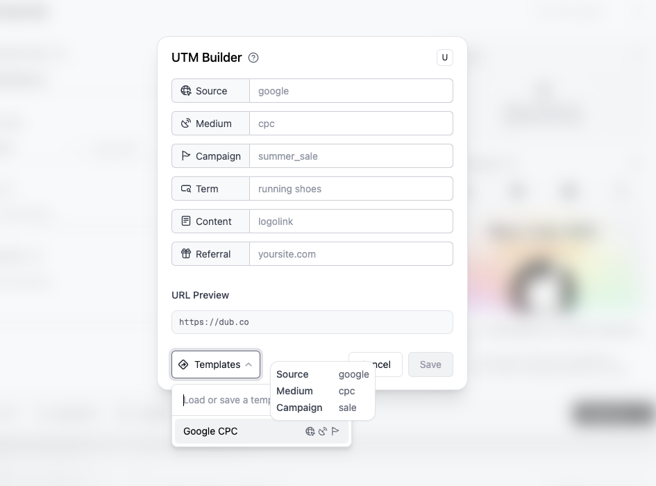 Selecting a UTM template from the dropdown