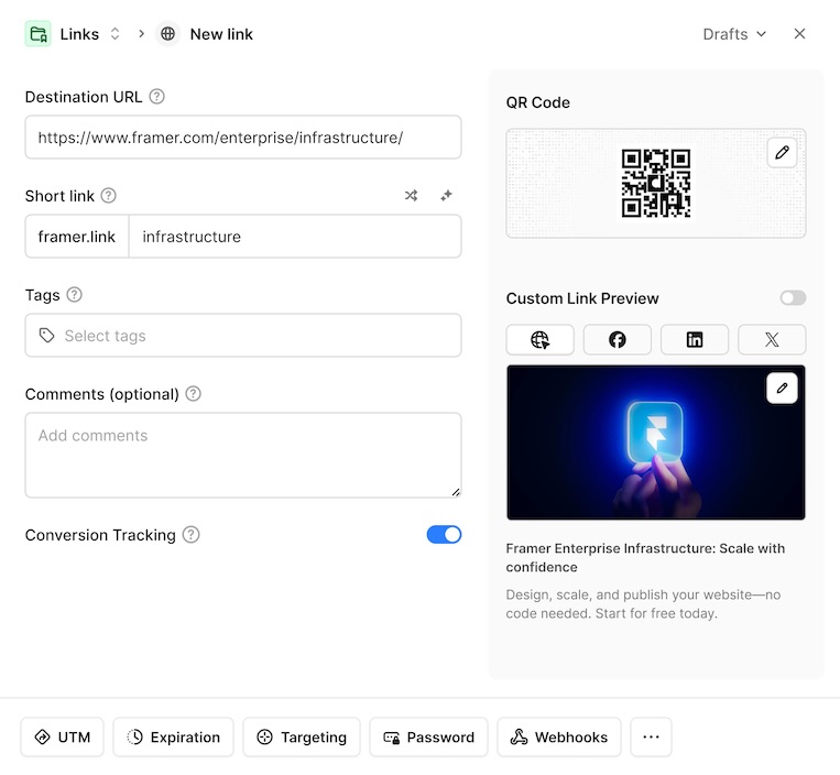 Dub link builder with destination URL, short link settings, QR code, and conversion tracking options